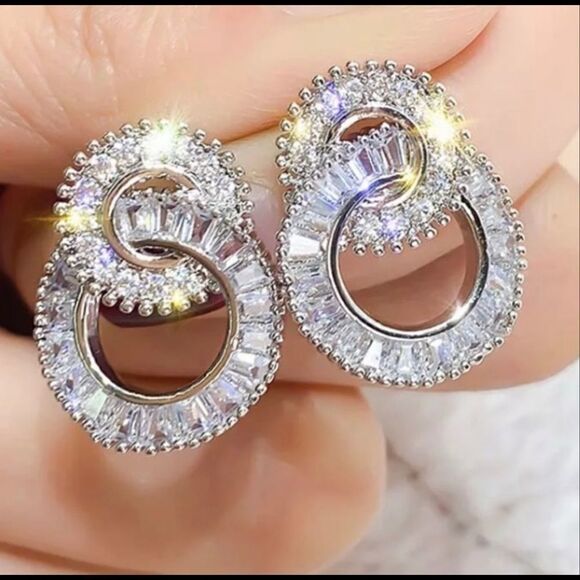 18k White Gold PLATED CZ Diamond Earrings - Picture 2 of 7